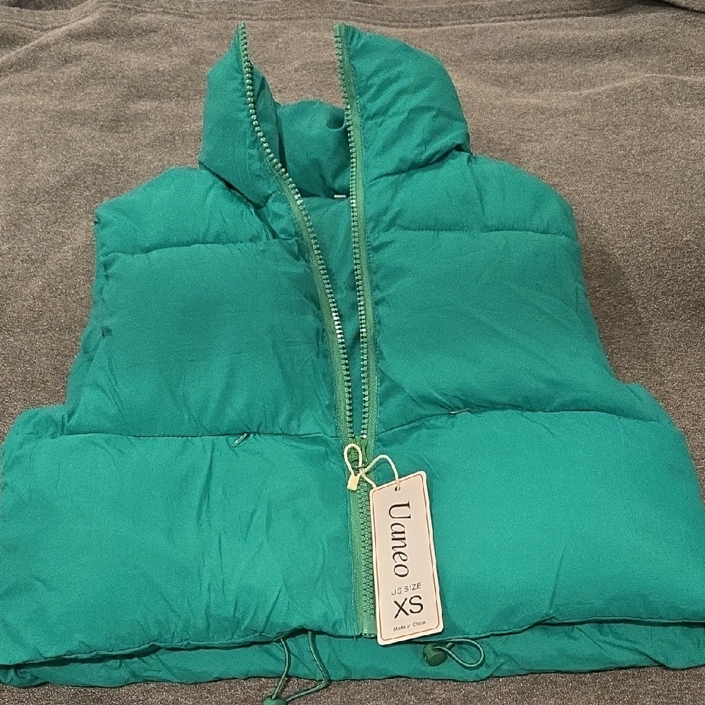 Green Quilted Puffer Vest with High Collar